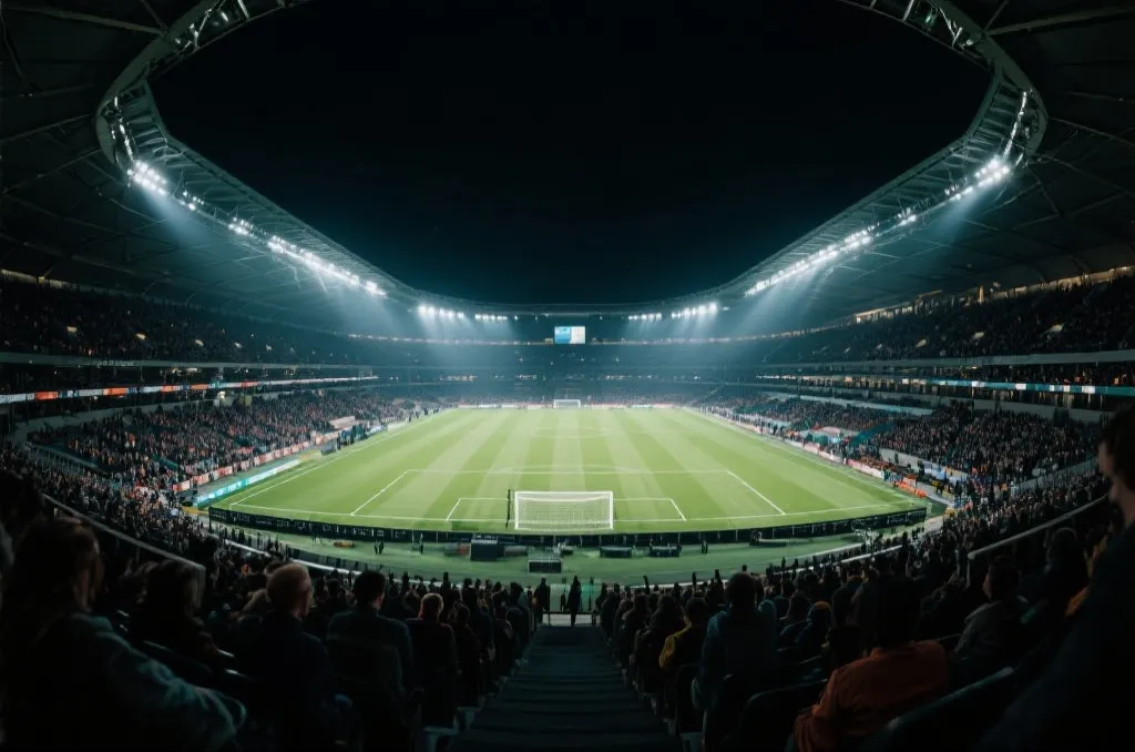 A wide cinematic shot of a modern football stadium illuminated under night lights, filled with spectators, dramatic atmosphere